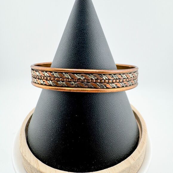 Vintage Copper Magnetic Cuff Bracelet Woven Brass Silver Tone Mixed Metal Retro - Picture 3 of 9